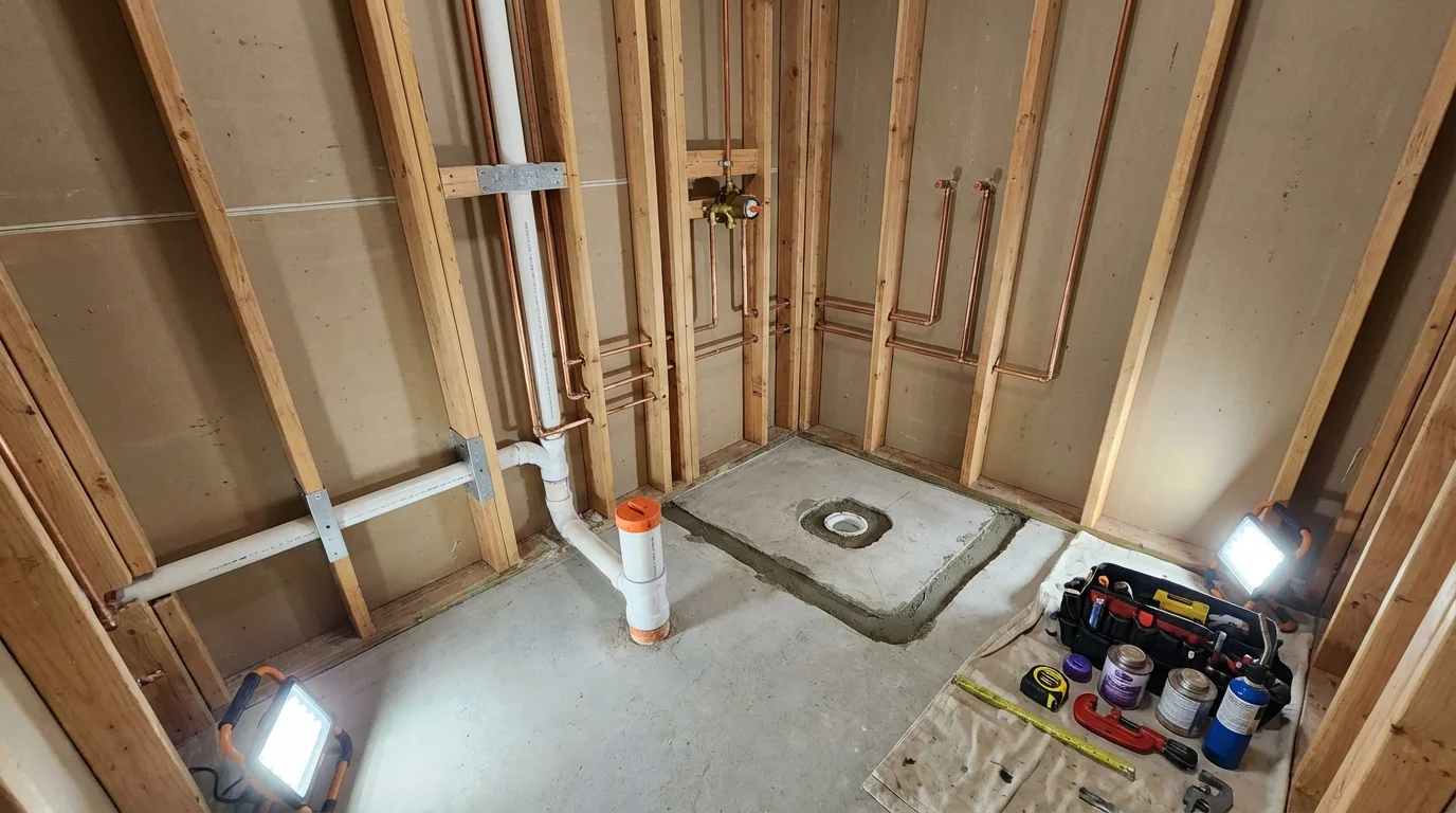 Bathroom rough-in plumbing during remodel by Johns Plumbing LLC in Wadena