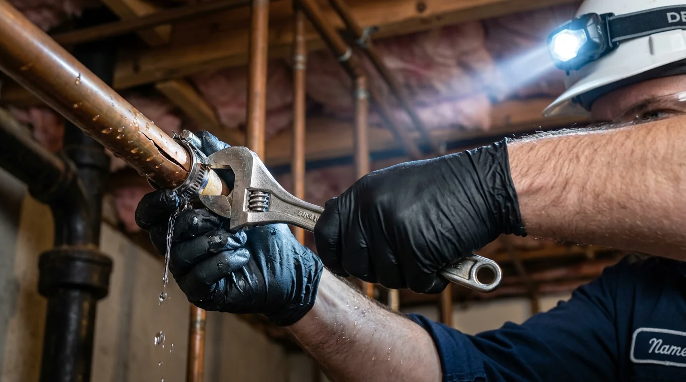 Emergency pipe clamp repair being performed by a Johns Plumbing LLC plumber in Wadena