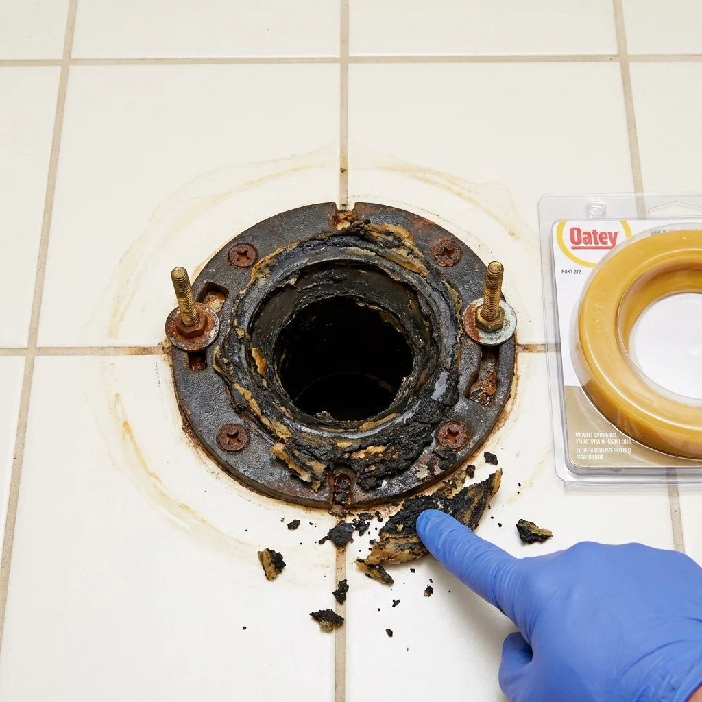 Failed wax ring showing water seepage at the base of a toilet in a Wadena, MN home